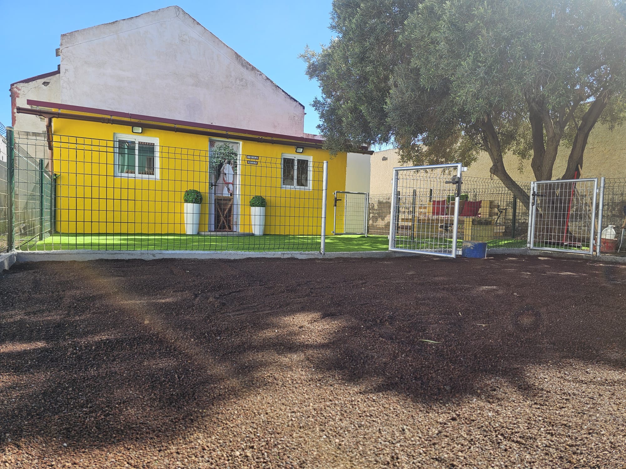 Casa amarilla con cercado, rodeada de un área de césped y tierra, ideal para mascotas. Se observan dos puertas de acceso y macetas decorativas en la entrada.