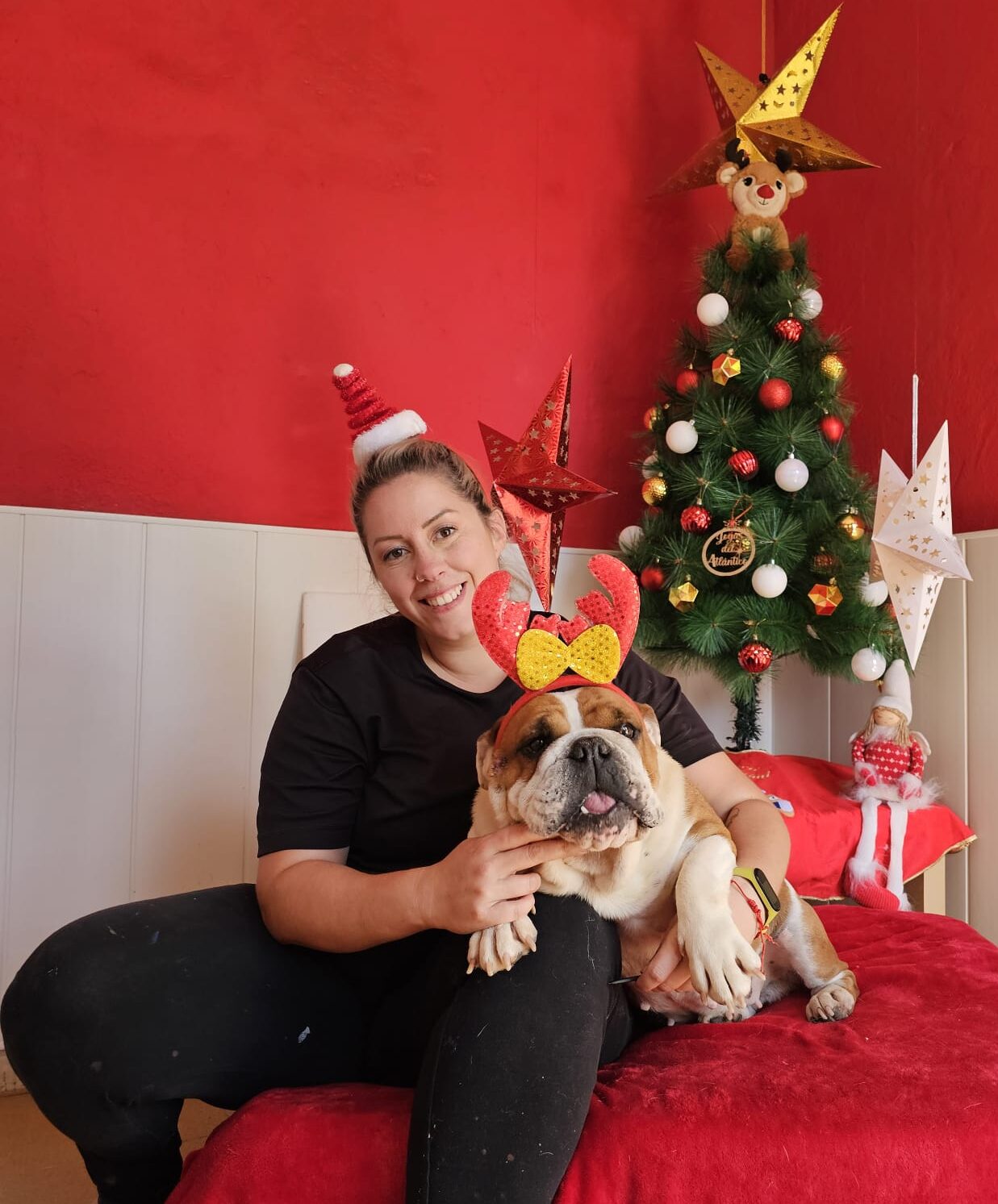 Mujer sonriente con gorro navideño, sentada en un sofá rojo con un bulldog que lleva un adorno navideño en la cabeza, frente a un árbol de Navidad decorado con estrellas y bolas.